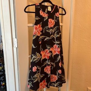 Strapless Navy dress with pink flowers.